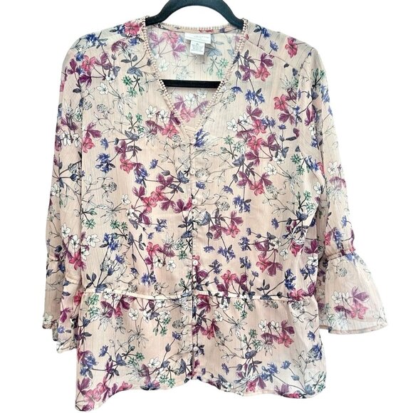 LIZ CLAIBORNE Petite Blouse Women's Floral Sheer Button up W/ cami PL - Picture 1 of 14